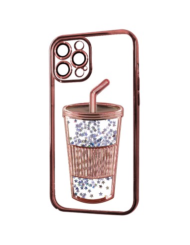 COQUE SEMI-RIGIDE EN FORME DE MILKSHAKE, PAILLETTES LIQUIDES ET BORD CHROMÉ