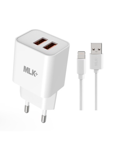 MLK+ Caricatore da rete doppia porta USB con cavo USB to Lightning